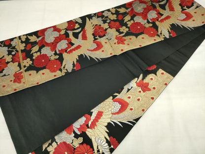 平和屋着物◎六通柄袋帯　唐織　鳳凰花文　黒地　金銀糸　正絹　逸品　AABM3226od