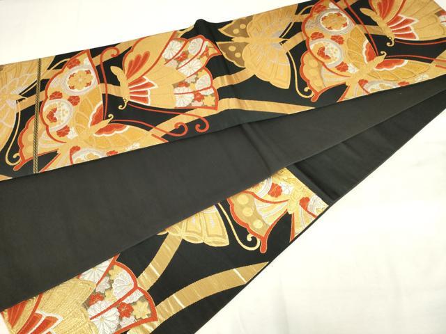 平和屋着物◎六通柄袋帯　唐織　舞蝶文　黒地　金銀糸　正絹　逸品　AABM3227od