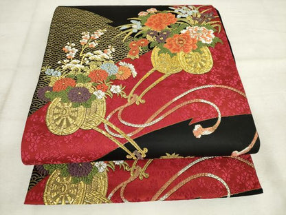 平和屋着物◎六通柄袋帯　唐織　花車文　黒地　金糸　正絹　逸品　AABM3235od