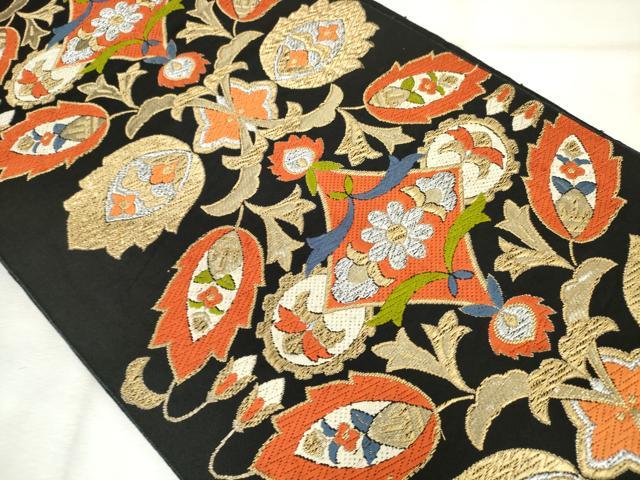 平和屋着物◎六通柄袋帯　唐織　更紗花文　黒地　金銀糸　正絹　逸品　AABM3237od