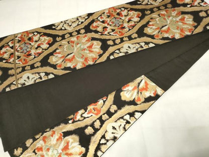 平和屋着物◎六通柄　本袋帯　立涌花文　黒地　金糸　正絹　逸品　AABM3238od