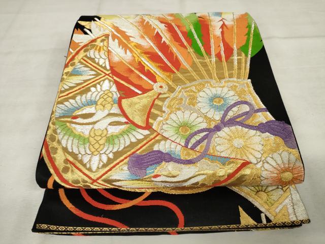平和屋着物◎六通柄袋帯　唐織　双鶴花文　黒地　金銀糸　正絹　逸品　AABM3240od
