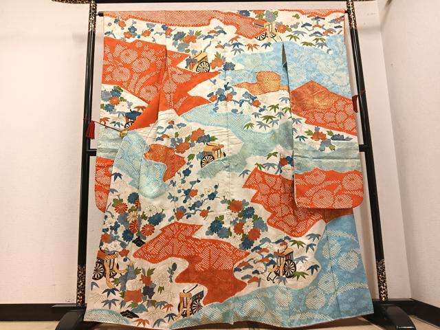 平和屋着物●豪華振袖　駒刺繍　絞り　御所車花文　金彩　正絹　逸品　AABM3243ph
