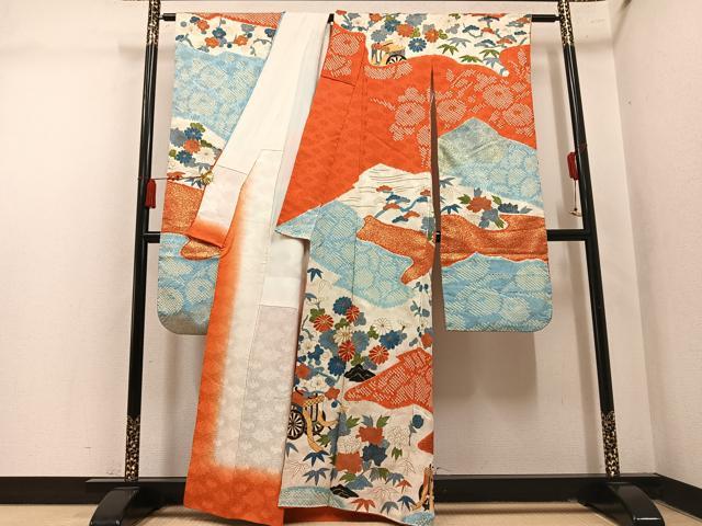 平和屋着物●豪華振袖　駒刺繍　絞り　御所車花文　金彩　正絹　逸品　AABM3243ph