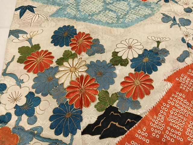 平和屋着物●豪華振袖　駒刺繍　絞り　御所車花文　金彩　正絹　逸品　AABM3243ph