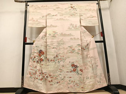 平和屋着物●訪問着　駒刺繍　草花文　金彩　正絹　逸品　AABM3257ph