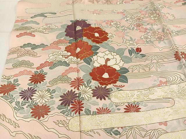 平和屋着物●訪問着　駒刺繍　草花文　金彩　正絹　逸品　AABM3257ph