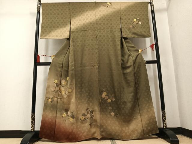 平和屋着物●訪問着　竹屋町刺繍　枝花文　暈し染め　金糸　正絹　逸品　AABM3274ph