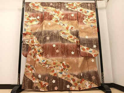 平和屋着物●豪華振袖　駒刺繍　草花文　暈し染め　金彩　正絹　逸品　AABM3275ph