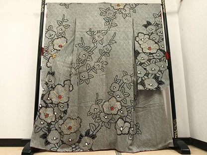 平和屋着物●豪華振袖　総絞り　駒刺繍　草花文　黒地　正絹　逸品　AABM3287ph