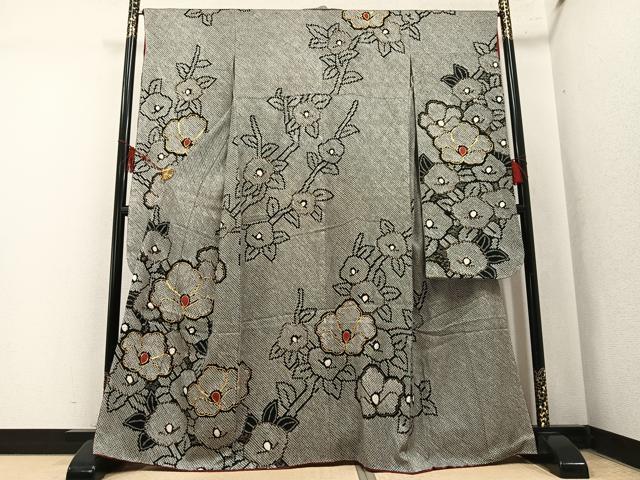 平和屋着物●豪華振袖　総絞り　駒刺繍　草花文　黒地　正絹　逸品　AABM3287ph
