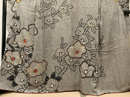 平和屋着物●豪華振袖　総絞り　駒刺繍　草花文　黒地　正絹　逸品　AABM3287ph