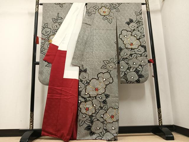 平和屋着物●豪華振袖　総絞り　駒刺繍　草花文　黒地　正絹　逸品　AABM3287ph