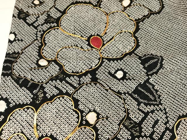 平和屋着物●豪華振袖　総絞り　駒刺繍　草花文　黒地　正絹　逸品　AABM3287ph