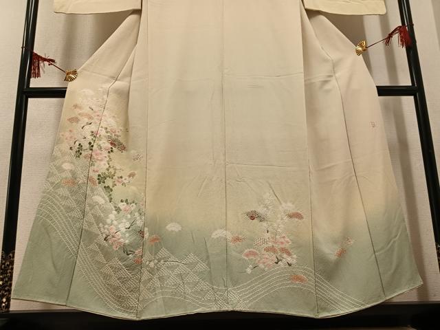 平和屋着物●十日町　名門　滝泰謹製　訪問着　絞り　刺繍　地紙草花文　暈し染め　金彩　正絹　逸品　AABM3297ph