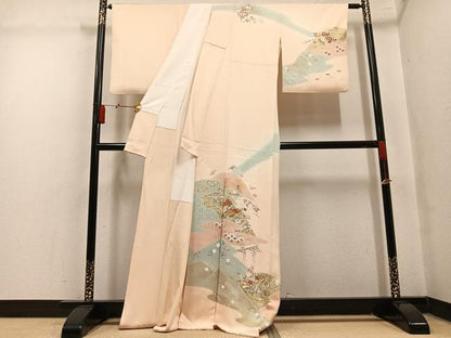 平和屋着物●訪問着　駒刺繍　草花文　暈し染め　金彩　正絹　逸品　AABM3302ph