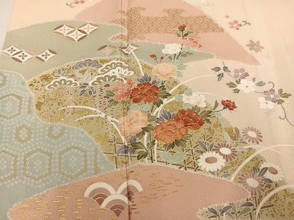 平和屋着物●訪問着　駒刺繍　草花文　暈し染め　金彩　正絹　逸品　AABM3302ph