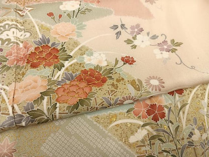 平和屋着物●訪問着　駒刺繍　草花文　暈し染め　金彩　正絹　逸品　AABM3302ph