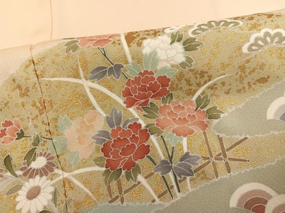 平和屋着物●訪問着　駒刺繍　草花文　暈し染め　金彩　正絹　逸品　AABM3302ph