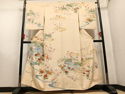 平和屋着物●訪問着　駒刺繍　風景草花文　金彩　正絹　逸品　AABM3307ph