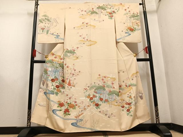 平和屋着物●訪問着　駒刺繍　風景草花文　金彩　正絹　逸品　AABM3307ph