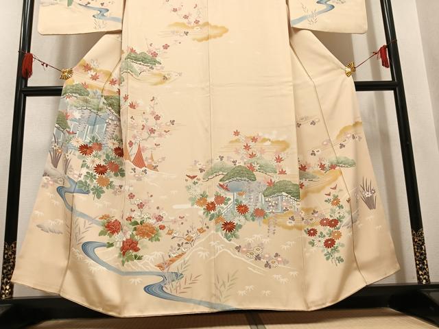 平和屋着物●訪問着　駒刺繍　風景草花文　金彩　正絹　逸品　AABM3307ph