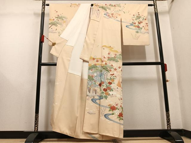 平和屋着物●訪問着　駒刺繍　風景草花文　金彩　正絹　逸品　AABM3307ph