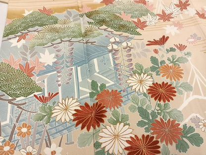 平和屋着物●訪問着　駒刺繍　風景草花文　金彩　正絹　逸品　AABM3307ph