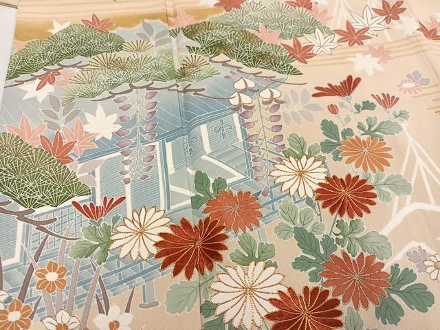 平和屋着物●訪問着　駒刺繍　風景草花文　金彩　正絹　逸品　AABM3307ph