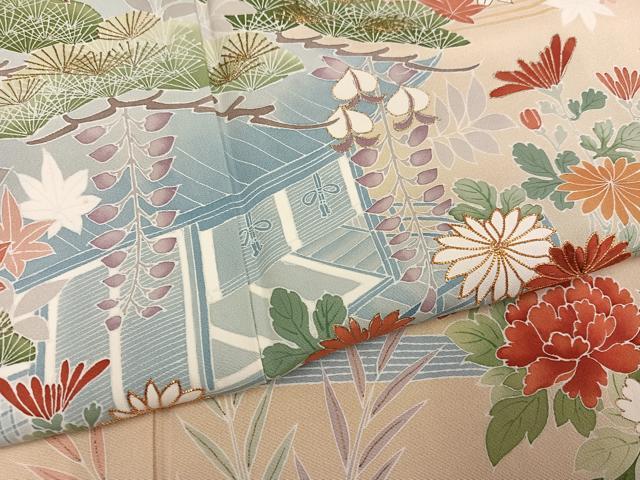 平和屋着物●訪問着　駒刺繍　風景草花文　金彩　正絹　逸品　AABM3307ph