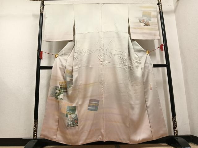 平和屋着物●人間国宝　福田喜三郎　訪問着　刺繍　色紙草花文　暈し染め　金彩　正絹　逸品　AABM3308ph