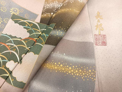 平和屋着物●人間国宝　福田喜三郎　訪問着　刺繍　色紙草花文　暈し染め　金彩　正絹　逸品　AABM3308ph