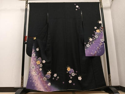 平和屋着物●豪華振袖　夜桜雪輪文　暈し染め　黒地　金彩　やまと誂製　正絹　逸品　AABM3316ph