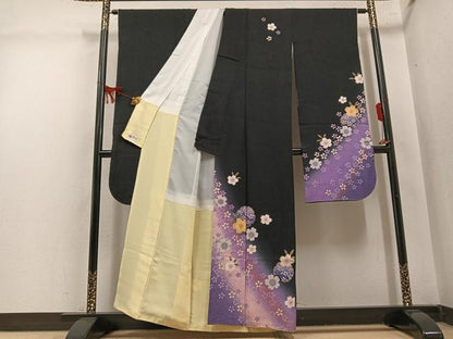 平和屋着物●豪華振袖　夜桜雪輪文　暈し染め　黒地　金彩　やまと誂製　正絹　逸品　AABM3316ph