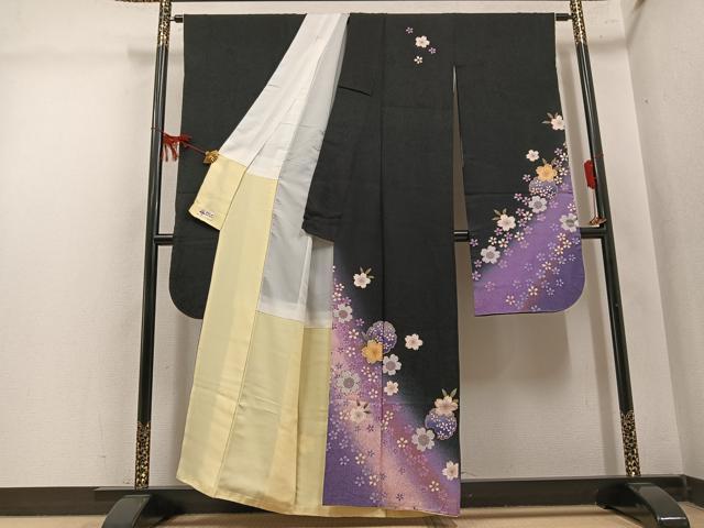 平和屋着物●豪華振袖　夜桜雪輪文　暈し染め　黒地　金彩　やまと誂製　正絹　逸品　AABM3316ph