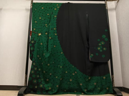 平和屋着物●豪華振袖　梅　黒地　金彩　正絹　逸品　AABM3317ph