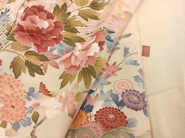 平和屋着物●訪問着　友禅　作家物　草花文　正絹　逸品　AABM3321ph