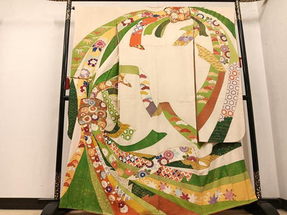 平和屋着物●豪華振袖　駒刺繍　束ね熨斗吉祥花文　金彩　正絹　逸品　AABM3328ph