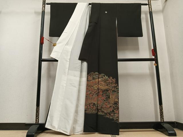 平和屋着物●豪華黒留袖　作家物　御所車風景草花文　金彩蒔絵　正絹　逸品　AABM3330ph