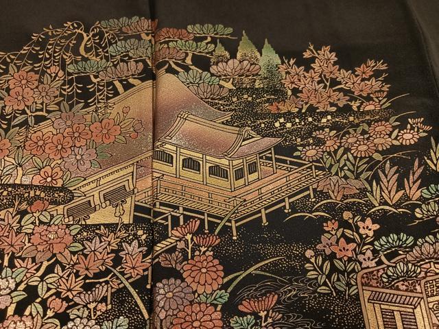 平和屋着物●豪華黒留袖　作家物　御所車風景草花文　金彩蒔絵　正絹　逸品　AABM3330ph
