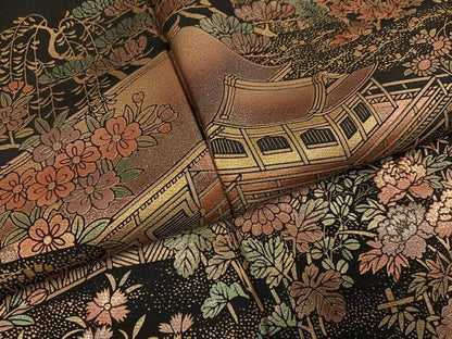 平和屋着物●豪華黒留袖　作家物　御所車風景草花文　金彩蒔絵　正絹　逸品　AABM3330ph
