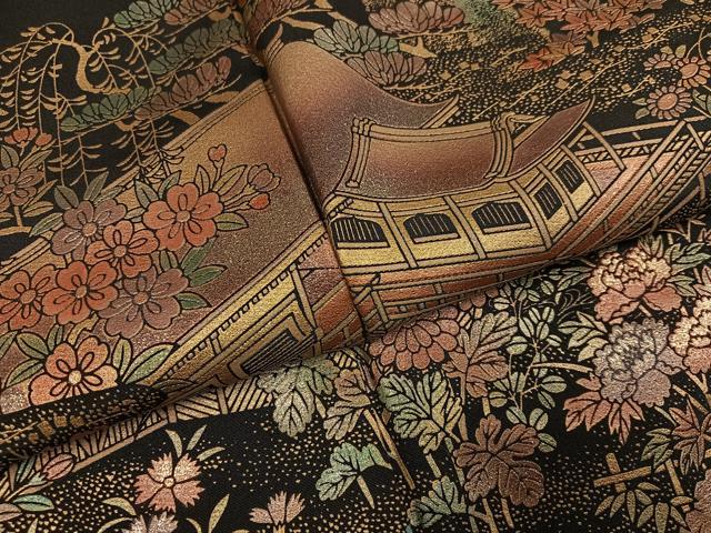 平和屋着物●豪華黒留袖　作家物　御所車風景草花文　金彩蒔絵　正絹　逸品　AABM3330ph