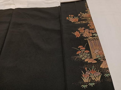 平和屋着物●豪華黒留袖　作家物　御所車風景草花文　金彩蒔絵　正絹　逸品　AABM3330ph