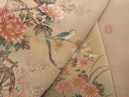 平和屋着物●訪問着　作家物　松葉　花鳥文　暈し染め　金彩　正絹　逸品　AABM3337ph