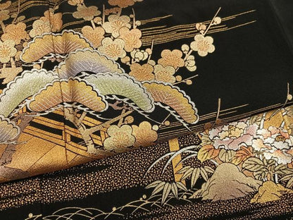 平和屋着物●金彩友禅　卓越技能者・名工・和田光正　黒留袖　松竹梅渡り橋文　金銀彩　正絹　逸品　AABM3364ph