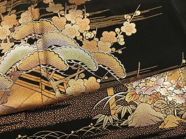平和屋着物●金彩友禅　卓越技能者・名工・和田光正　黒留袖　松竹梅渡り橋文　金銀彩　正絹　逸品　AABM3364ph