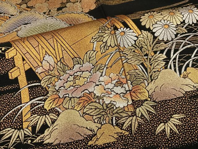 平和屋着物●金彩友禅　卓越技能者・名工・和田光正　黒留袖　松竹梅渡り橋文　金銀彩　正絹　逸品　AABM3364ph