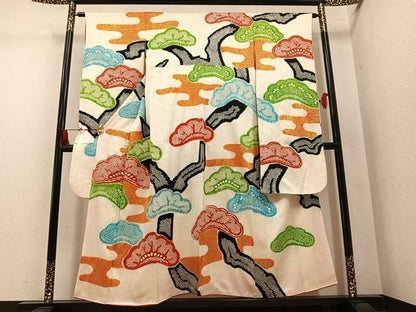 平和屋着物●豪華振袖　絞り　駒刺繍　亀甲松文　金彩　正絹　逸品　AABM3375ph