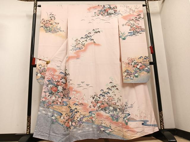 平和屋着物●豪華振袖　風景草花文　暈し染め　金彩　銀通し地　正絹　逸品　AABM3376ph