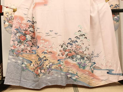 平和屋着物●豪華振袖　風景草花文　暈し染め　金彩　銀通し地　正絹　逸品　AABM3376ph